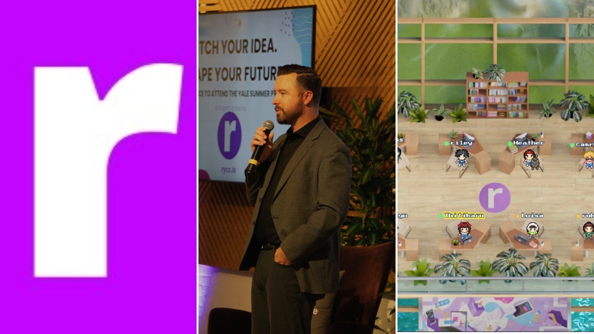 A three-panel collage showing the ryco logo, founder Riley Walker speaking on stage at a student pitch event and the company’s virtual campus where team members work as avatars.