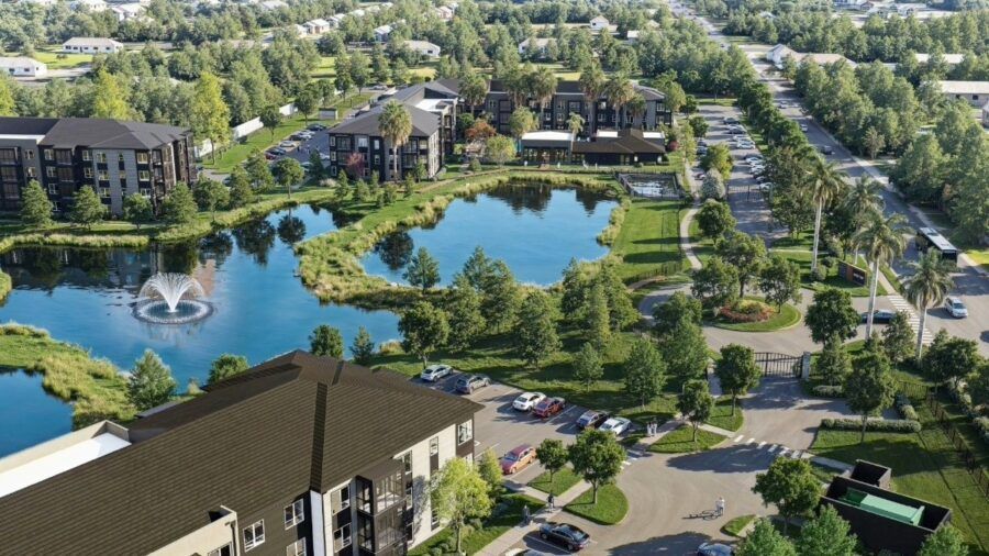 Aerial rendering of Prospect Highland Oaks, a planned 324-unit luxury apartment community in the Brandon submarket, featuring lake views, landscaped walking paths and modern four-story residential buildings.