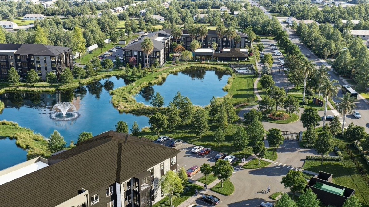 Aerial rendering of Prospect Highland Oaks, a planned 324-unit luxury apartment community in the Brandon submarket, featuring lake views, landscaped walking paths and modern four-story residential buildings.