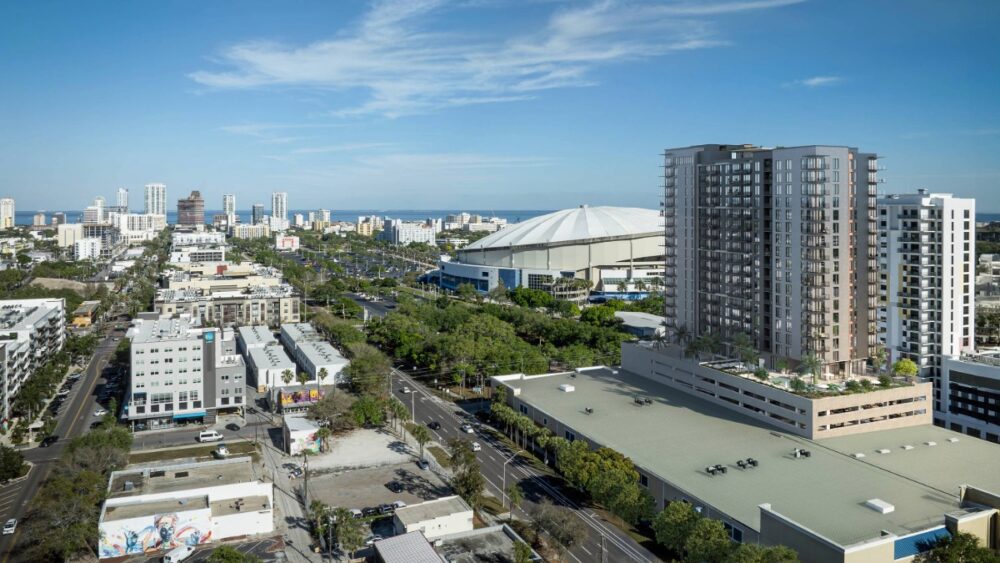 Aerial view of downtown St. Pete with Tropicana Field and the future Gallery Haus site.