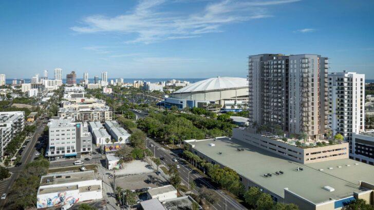 Aerial view of downtown St. Pete with Tropicana Field and the future Gallery Haus site.