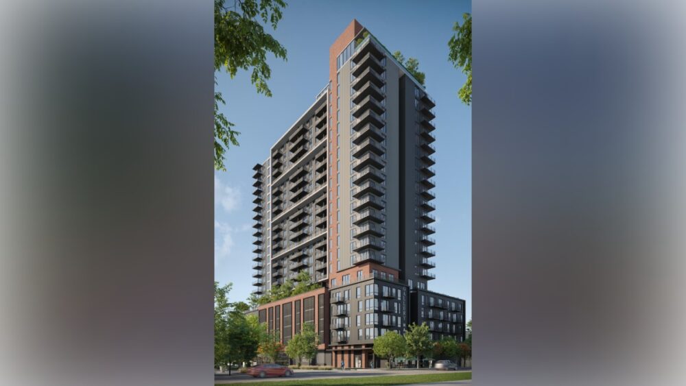 Rendering of the Gallery Haus tower showing balconies, greenery and the building’s modern exterior.