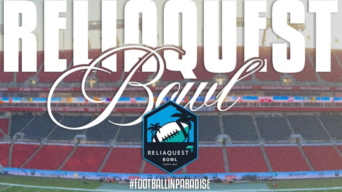 ReliaQuest Bowl logo displayed over Raymond James Stadium with the phrase Football in Paradise.