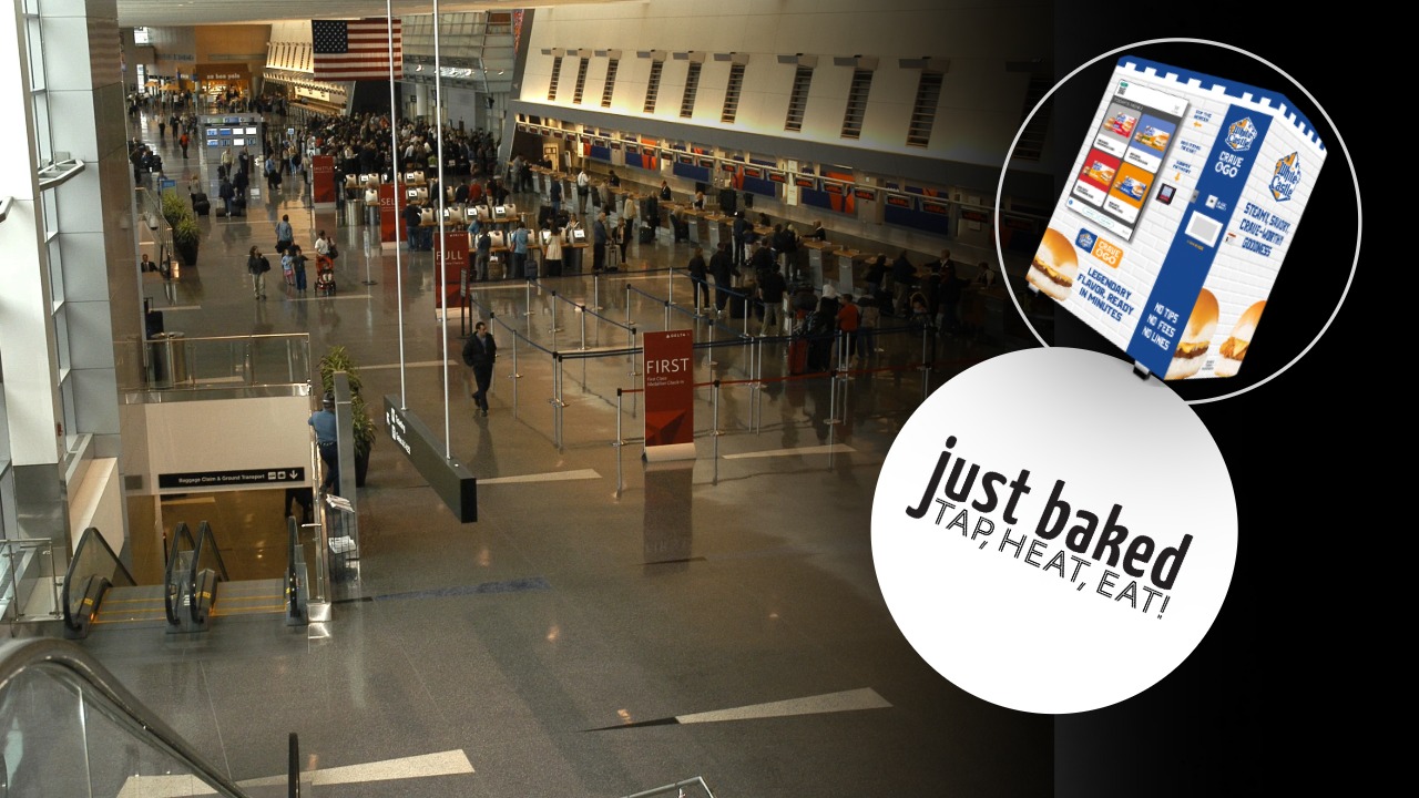 Interior of Boston Logan Airport with travelers at check-in and an inset photo of a White Castle–branded Just Baked automated food kiosk.