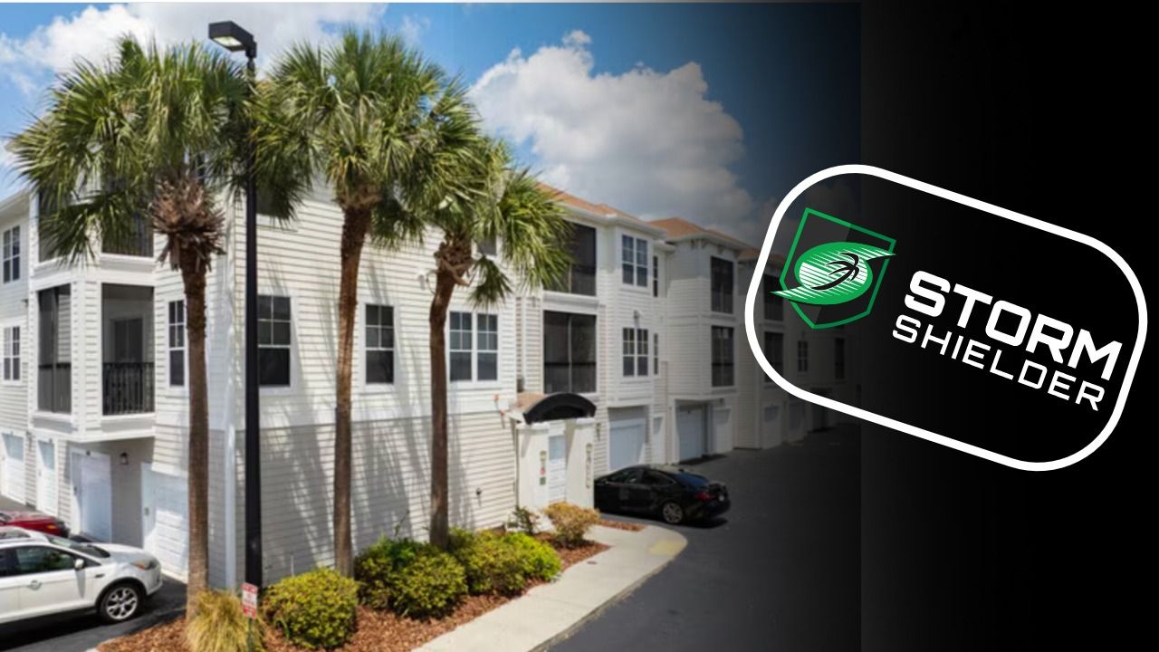 Storm Shielder branding displayed alongside a Tampa Bay residential building with hurricane protection features.