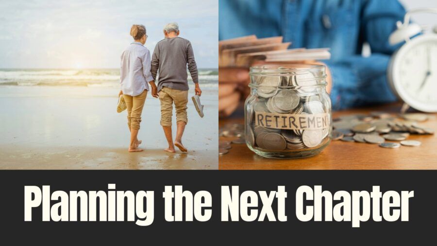 A couple walking along the beach beside a jar labeled retirement, representing planning for life after business ownership.