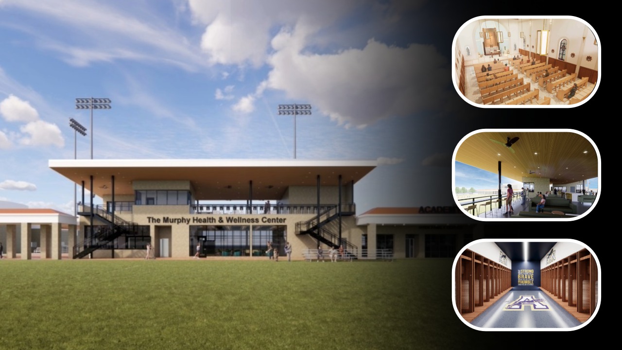 Collage showing the new Murphy Health and Wellness Center at Academy of the Holy Names with renderings of the restored chapel, second floor terrace, and upgraded athletic locker room.