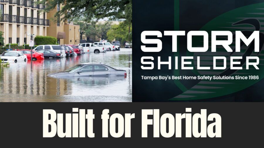 Flooded residential street in Florida alongside Storm Shielder branding, illustrating hurricane season risks and home protection needs.
