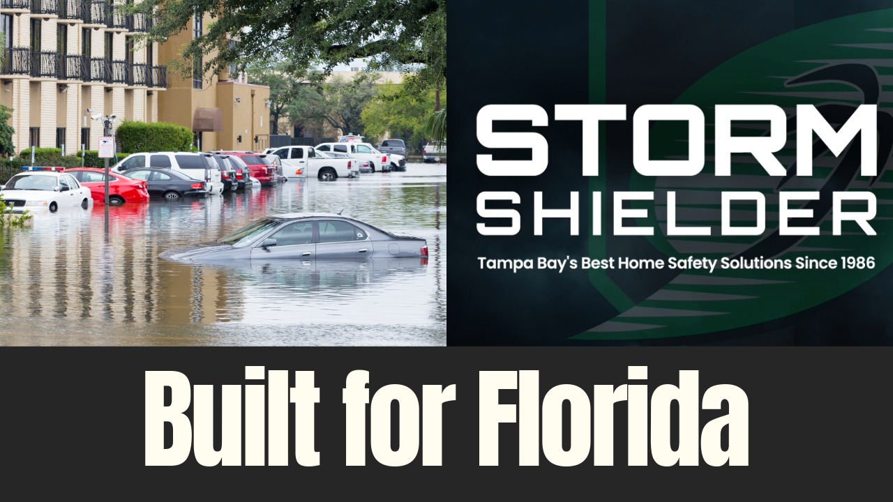 Flooded residential street in Florida alongside Storm Shielder branding, illustrating hurricane season risks and home protection needs.