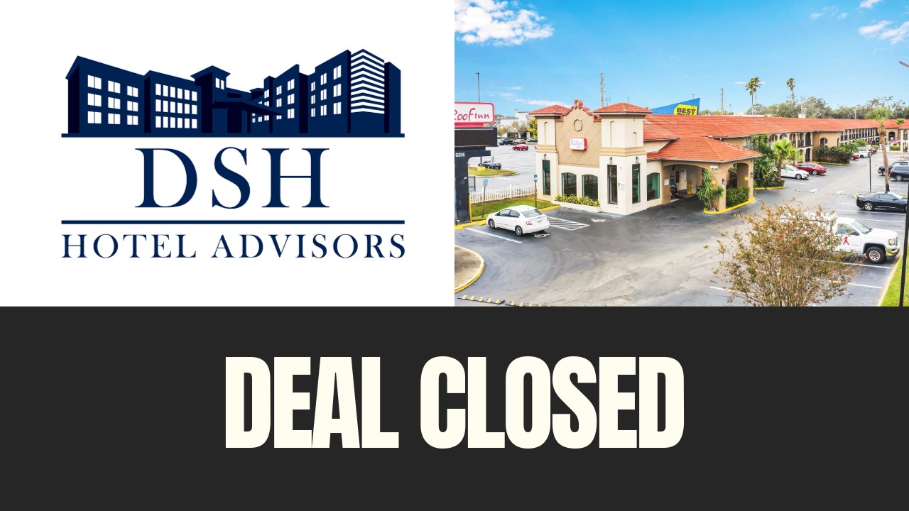 DSH Hotel Advisors logo alongside the exterior of the Red Roof Inn Orlando South near the Florida Mall, with “Deal Closed” text overlay.