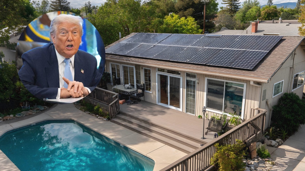 Composite image showing former President Donald Trump next to a suburban home with rooftop solar panels and a backyard pool.
