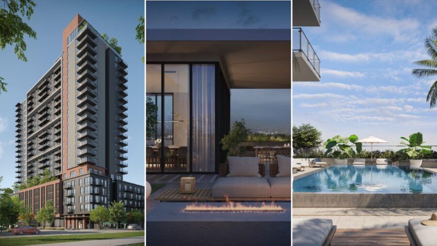 Three image collage showing the Gallery Haus tower, a rooftop lounge and the pool deck.