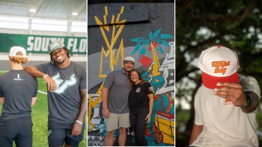 Collage featuring USF athletes wearing For the Bay gear, founders Dave and Allison Gesacion standing in front of a For the Bay mural and a close up of a cream and red Tampa Bay hat