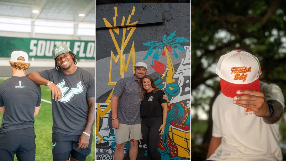 Collage featuring USF athletes wearing For the Bay gear, founders Dave and Allison Gesacion standing in front of a For the Bay mural and a close up of a cream and red Tampa Bay hat