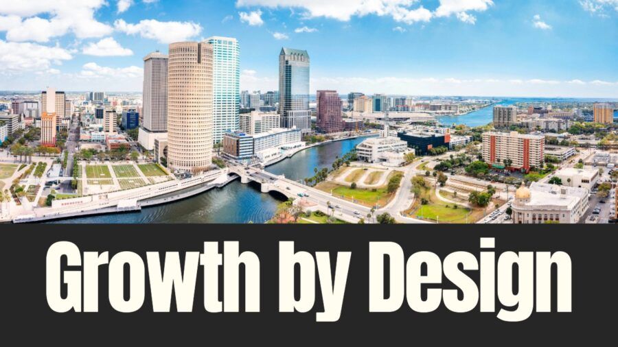 Aerial view of downtown Tampa and the Riverwalk, highlighting the city’s skyline, waterways and planned urban development.