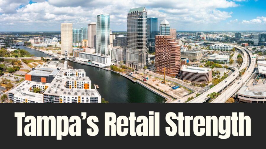 Aerial view of downtown Tampa showing the Hillsborough River, Riverwalk, office towers and surrounding commercial development.