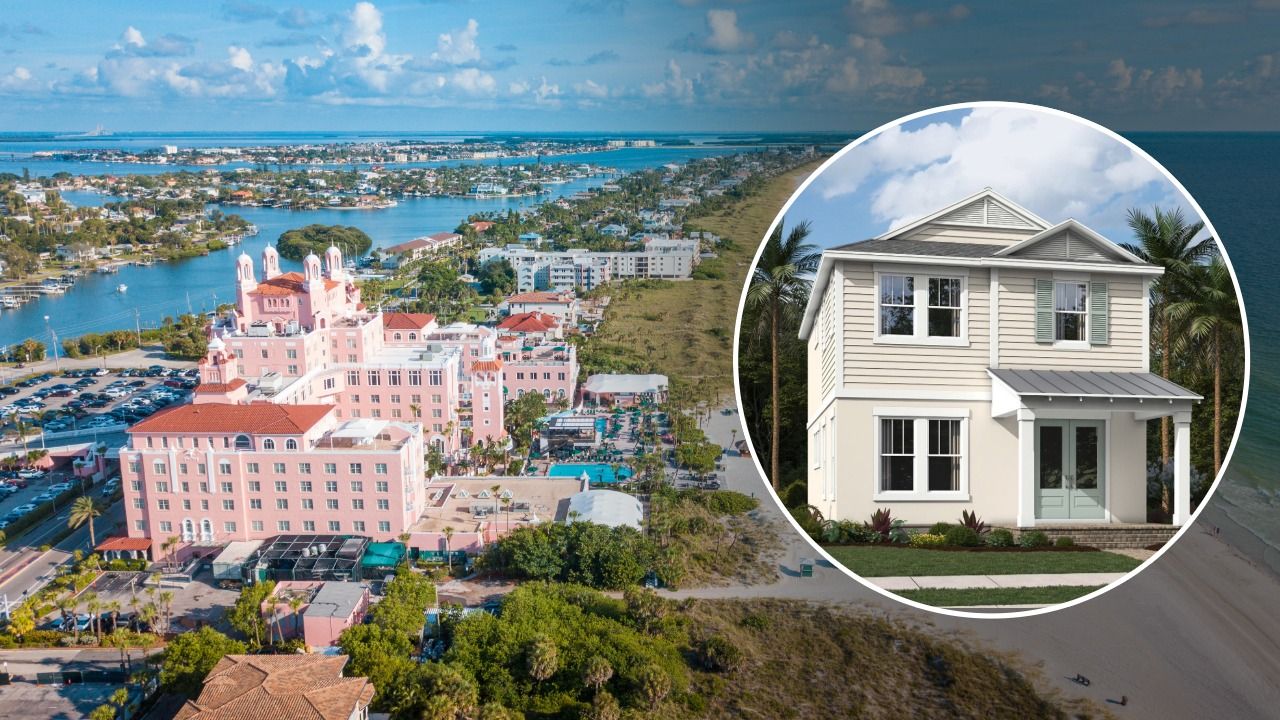 Aerial view of St. Pete Beach and the historic Don CeSar hotel with an inset rendering of a new two story home planned for Mattamy Homes’ SeaWinds community in Pasadena.