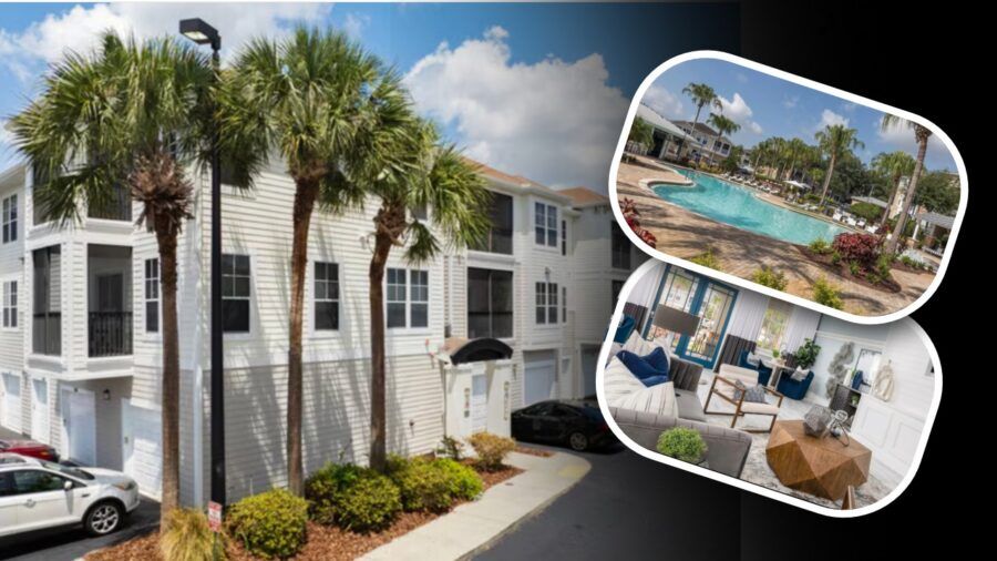 Exterior view of Luxe at 1820 apartment buildings in Brandon with palm trees in front, alongside inset images showing the community’s resort-style pool and a modern clubhouse interior.