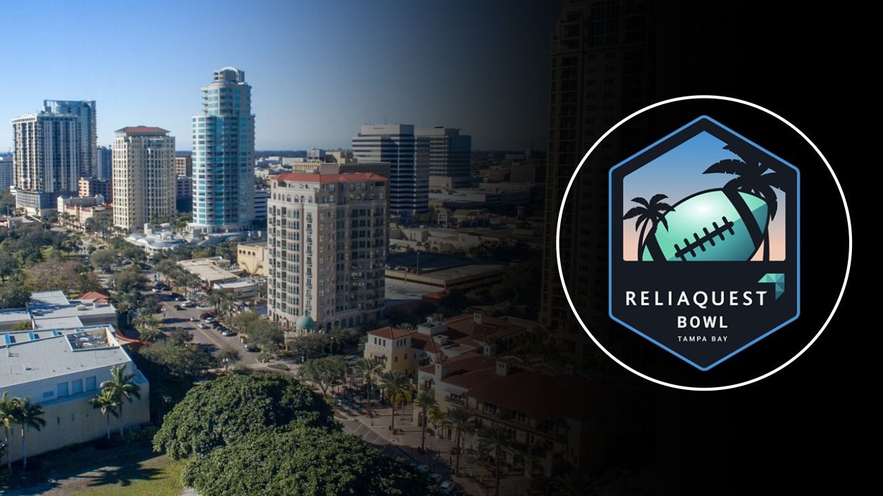 Downtown Tampa skyline alongside the ReliaQuest Bowl logo highlighting the event’s economic impact on Tampa Bay