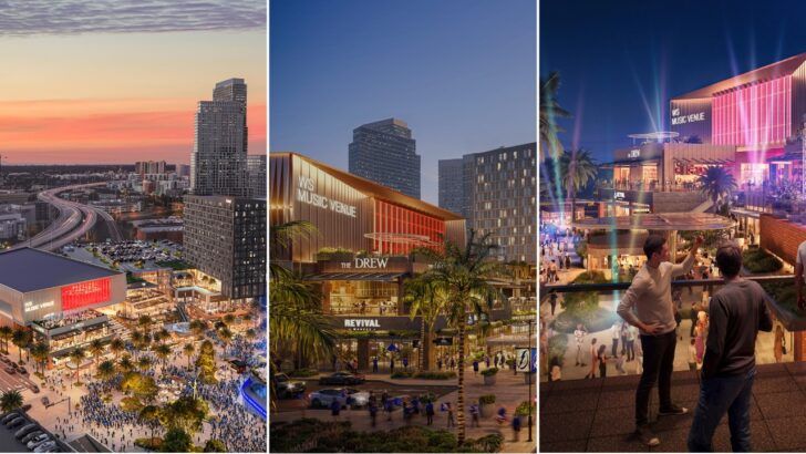 Rendering shows views of a planned entertainment district and 3,500-seat music venue in downtown Tampa near Benchmark International Arena