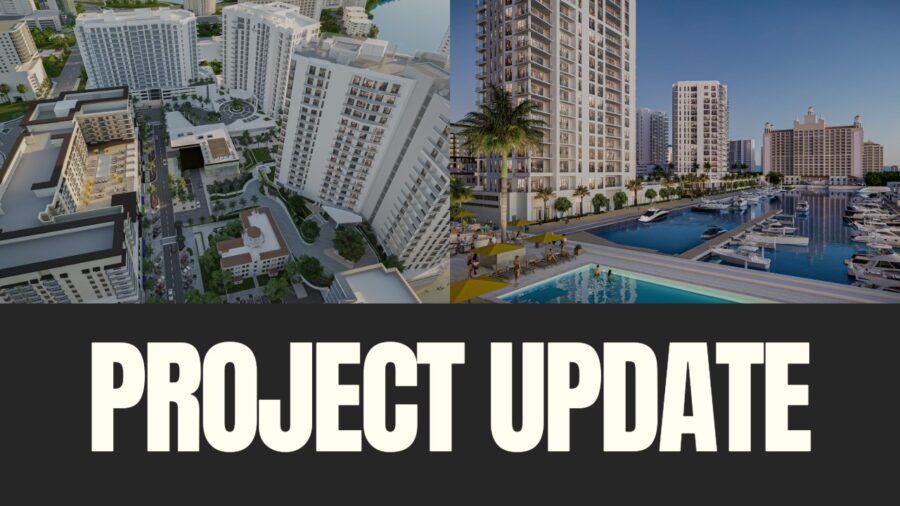 Aerial rendering and waterfront view of The Ritz-Carlton Residences Sarasota Bay at The Quay Sarasota development