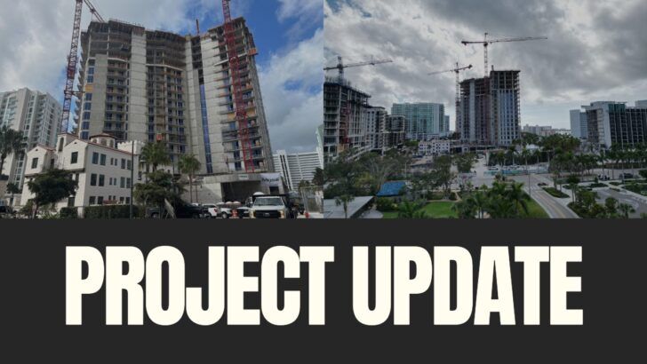 Construction progress at The Ritz-Carlton Residences, Sarasota Bay with cranes and towers rising at The Quay Sarasota waterfront district