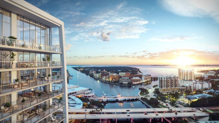 A high rise view from Pendry Tampa overlooking the marina and waterfront