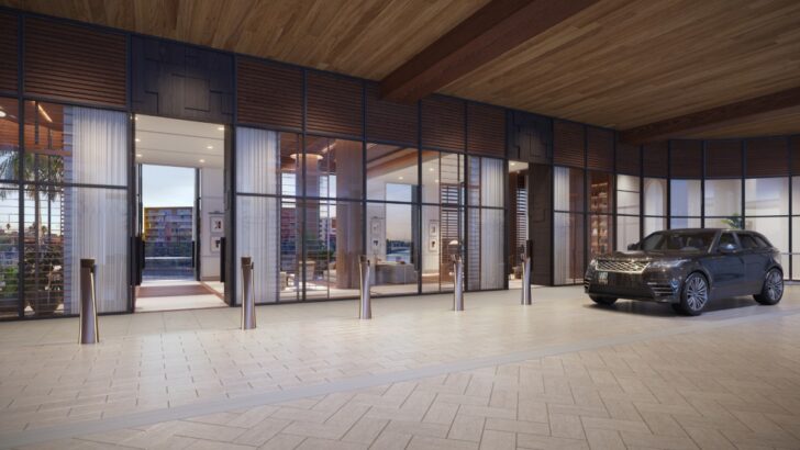 The lobby entrance at Pendry Tampa with wood accents and large windows
