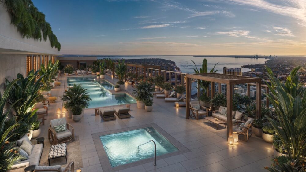 The rooftop pool at Pendry Tampa with sunset views over the city