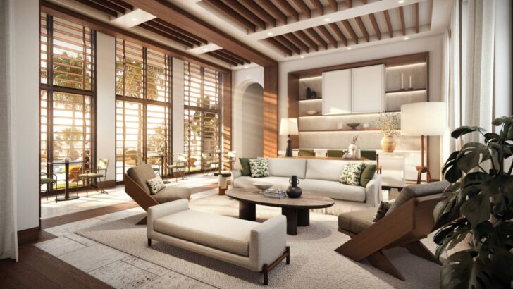 The lobby lounge at Pendry Tampa with modern seating and warm wood design