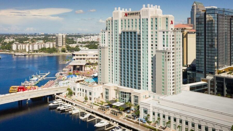 Aerial view of the JW Marriott Tampa Water Street and Tampa Marriott Water Street overlooking the waterfront and marina in downtown Tampa.