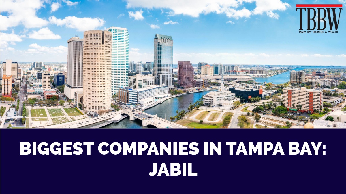 Aerial view of downtown Tampa along the Hillsborough River highlighting Tampa Bay’s corporate core, featured in TBBW’s Biggest Companies in Tampa Bay series on Jabil.
