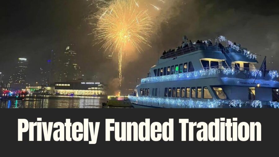 Fireworks light up Tampa Bay as a Starship cruise vessel passes the downtown waterfront during New Year’s Eve celebrations.