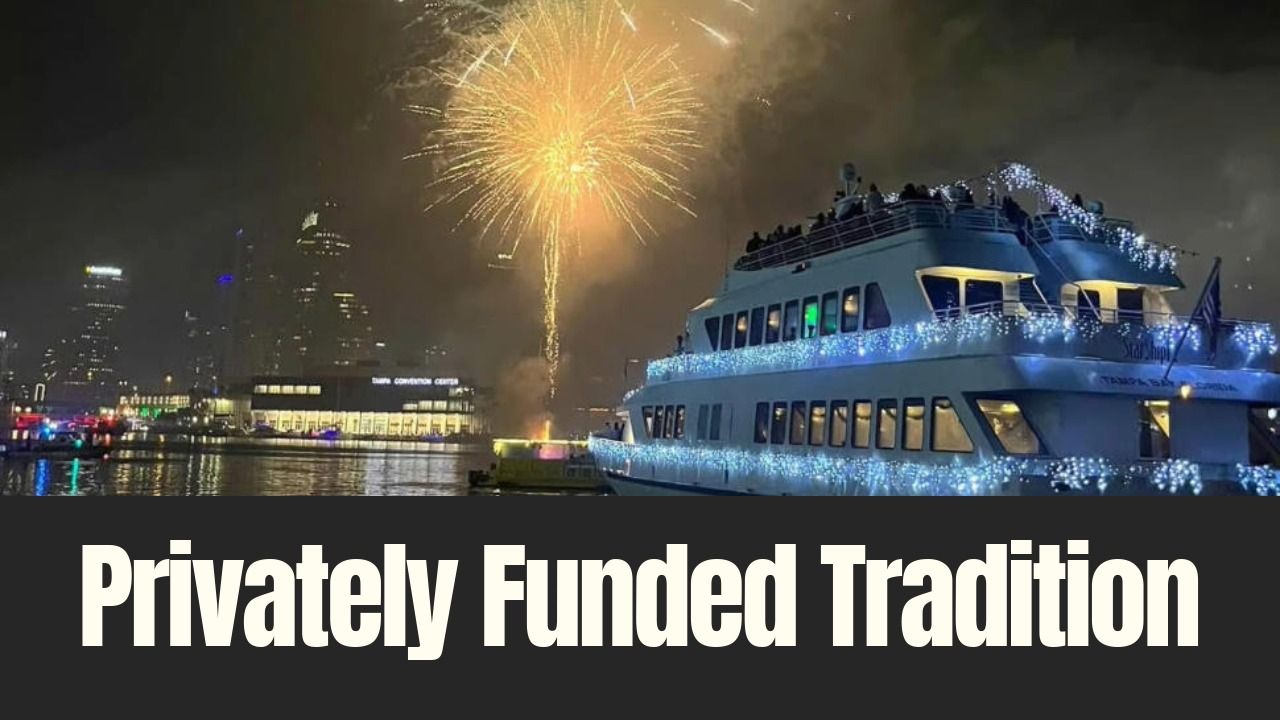 Fireworks light up Tampa Bay as a Starship cruise vessel passes the downtown waterfront during New Year’s Eve celebrations.