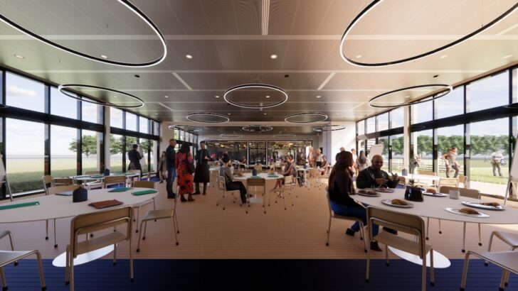 Interior multipurpose room with natural light and circular lighting fixtures