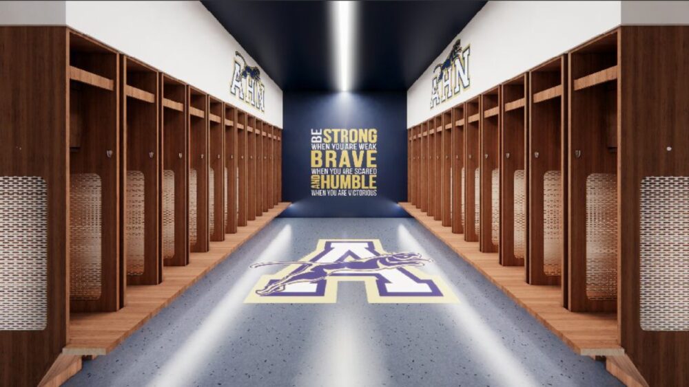 Modern varsity locker room with wood lockers and AHN branding