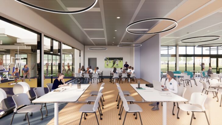 Classroom and meeting space overlooking the fitness area