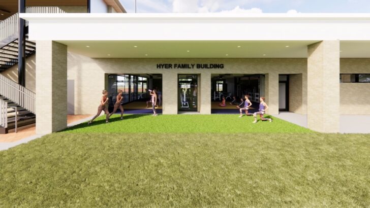 Exterior of the Hyer Family Building with students training outside