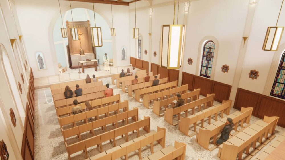 Renovated chapel interior rendering with students seated in pews