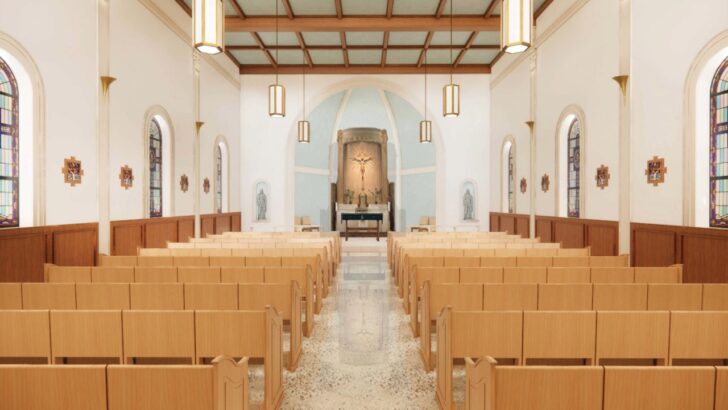 Front view of restored chapel altar and new seating