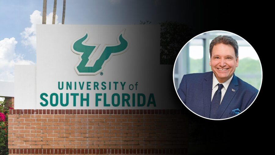 University of South Florida campus sign with a portrait of Moez Limayem, confirmed as USF’s next president.