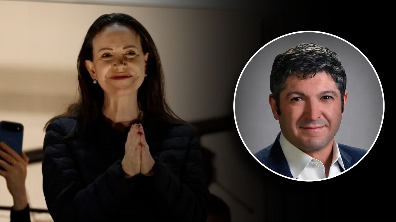 María Corina Machado appears publicly after her extraction while Bryan Stern, founder of Greybull Rescue, is shown in a portrait inset.