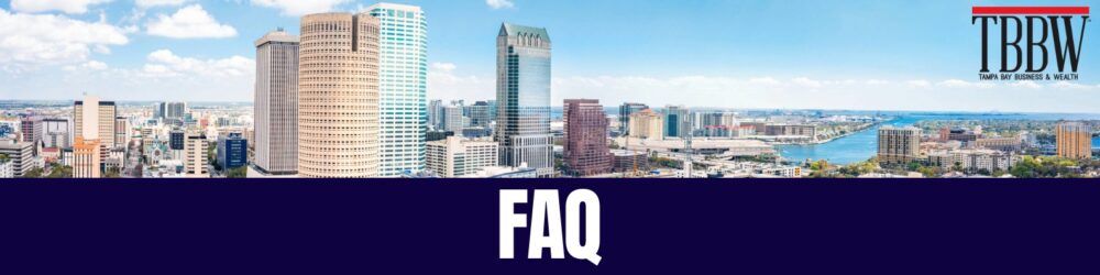 Tampa Bay skyline with downtown office towers and the Hillsborough River, used as the header image for the Tampa Bay Business & Wealth FAQ page.