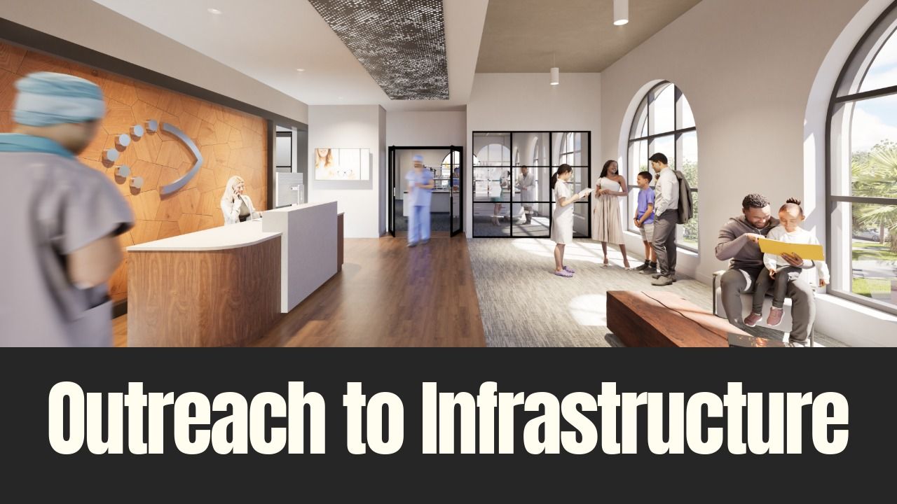 Rendering of Lions World Vision Institute’s planned Vision Health Center interior in Ybor City, showing a reception area, exam spaces and families receiving care.