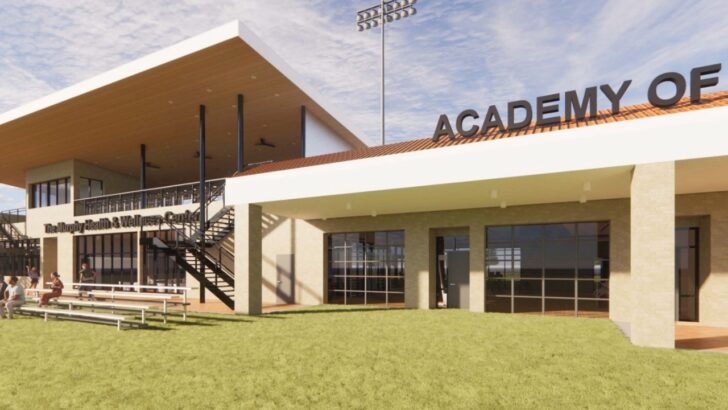 Side view of the Academy’s new Health and Wellness Center with outdoor seating and field access