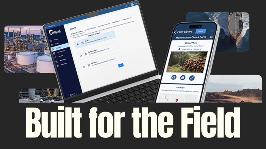 Eskuad field operations platform displayed across desktop and mobile devices, showing offline reporting tools designed for remote industrial environments.