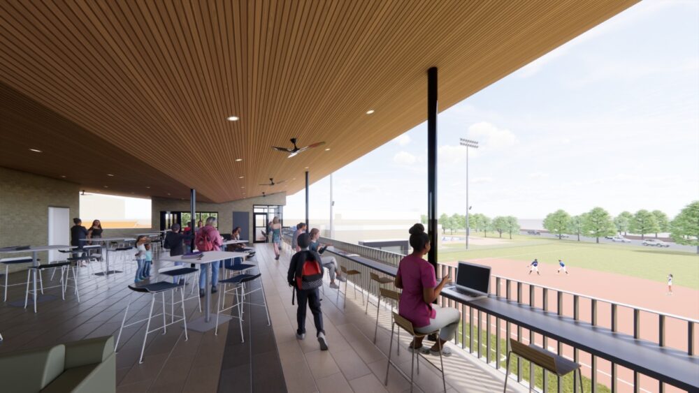 Student walkway and seating along the upper level of the wellness center