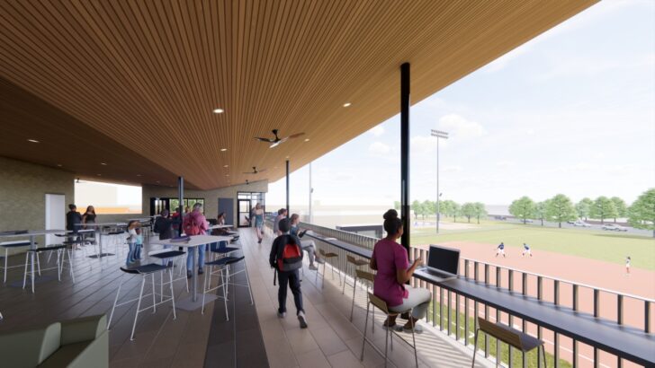 Student walkway and seating along the upper level of the wellness center