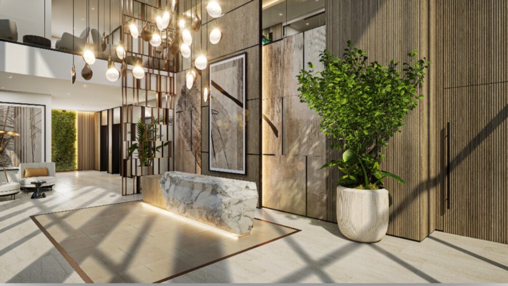 Interior lobby rendering at Saravela luxury condos in Sarasota