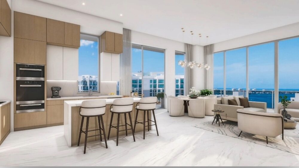 Model residence kitchen and living area at Saravela Sarasota condos